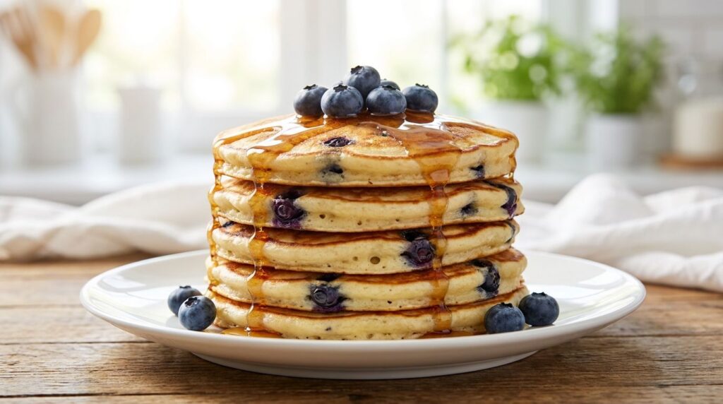 A stack of thick fluffy blueberry pancakes with visible whole blueberries baked into them Drizzled with light syrup and 