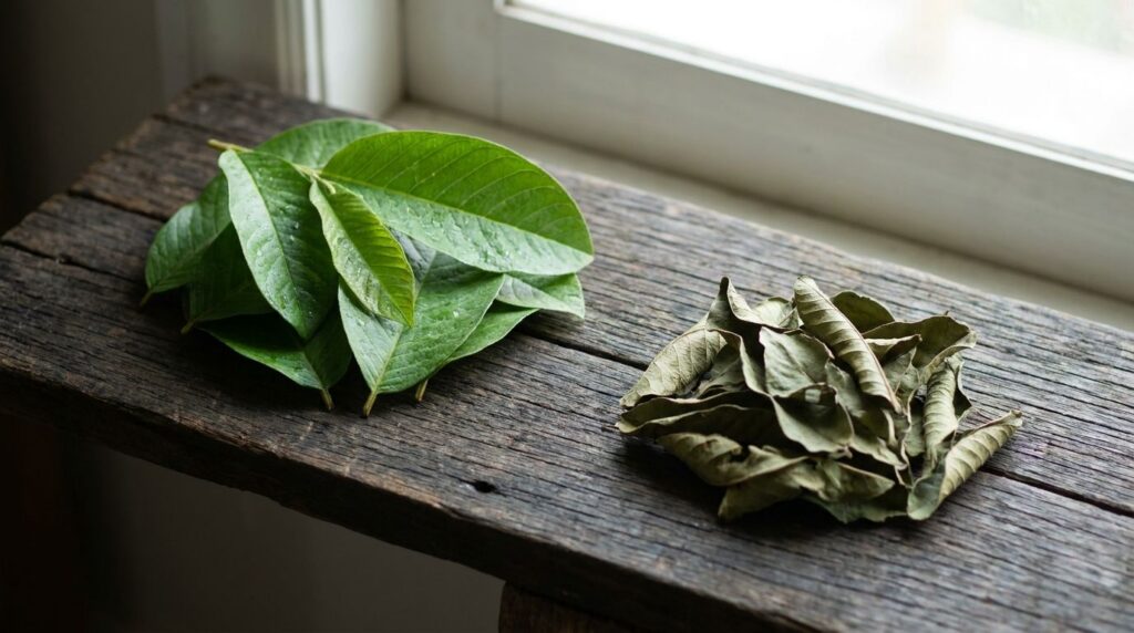 A variety of dried guava leaves and a small bowl of fresh guava leaves arranged to show the difference between fresh and