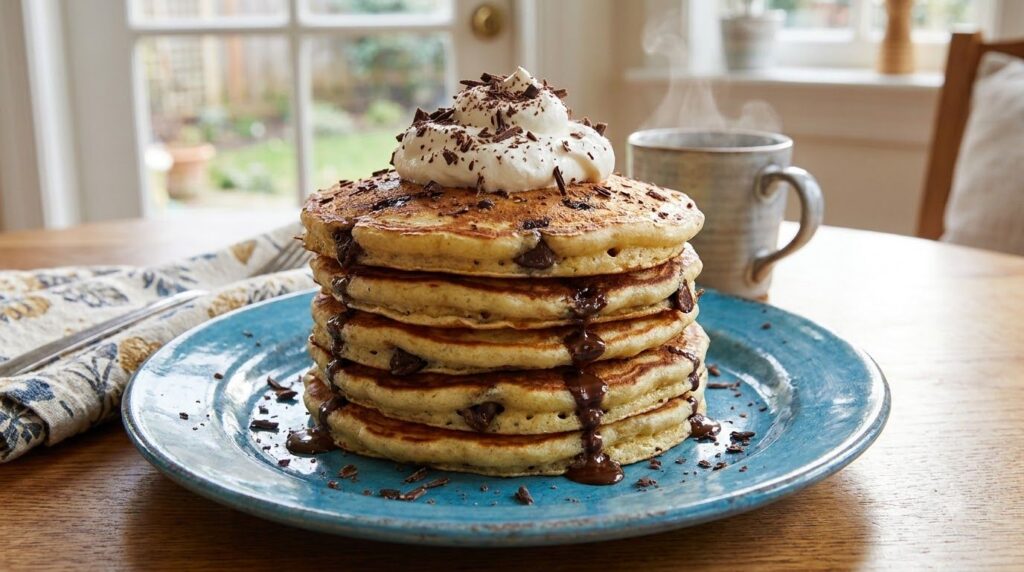A stack of golden chocolate chip pancakes with visible melted chocolate chips topped with whipped cream and a sprinkle o