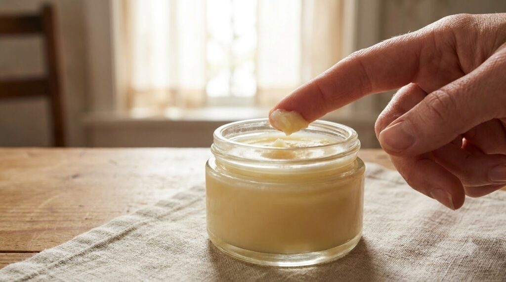 A small glass jar filled with the homemade Vaseline and Vitamin E blend with a finger scooping a tiny amount from it