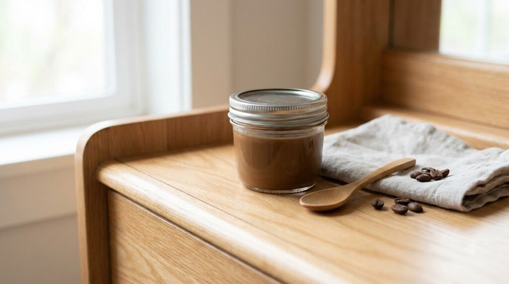 A small clean jar filled with the prepared Vaseline coffee anti-aging gel showing a smooth brown consistency