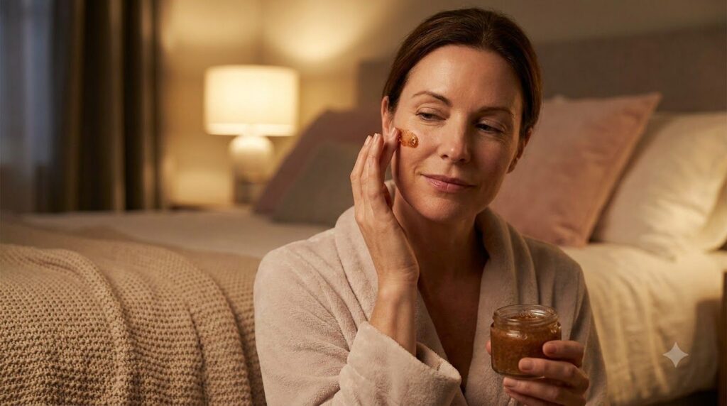 A woman gently applying the homemade Vaseline coffee anti-aging gel to her face at night showing a serene and thoughtful