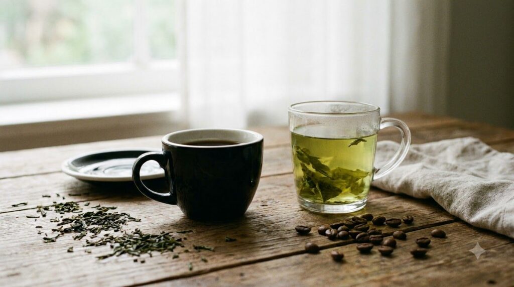 A tranquil flat lay of a steaming cup of black coffee and a cup of green tea with loose tea leaves symbolizing healthy d