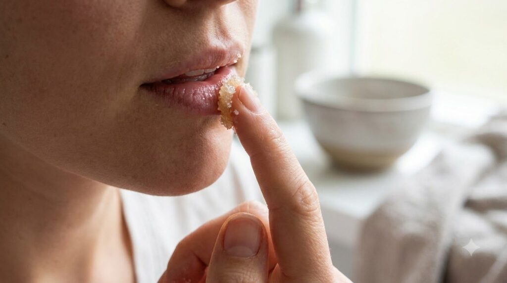 A person gently applying a DIY lip scrub to their lips with their fingertip