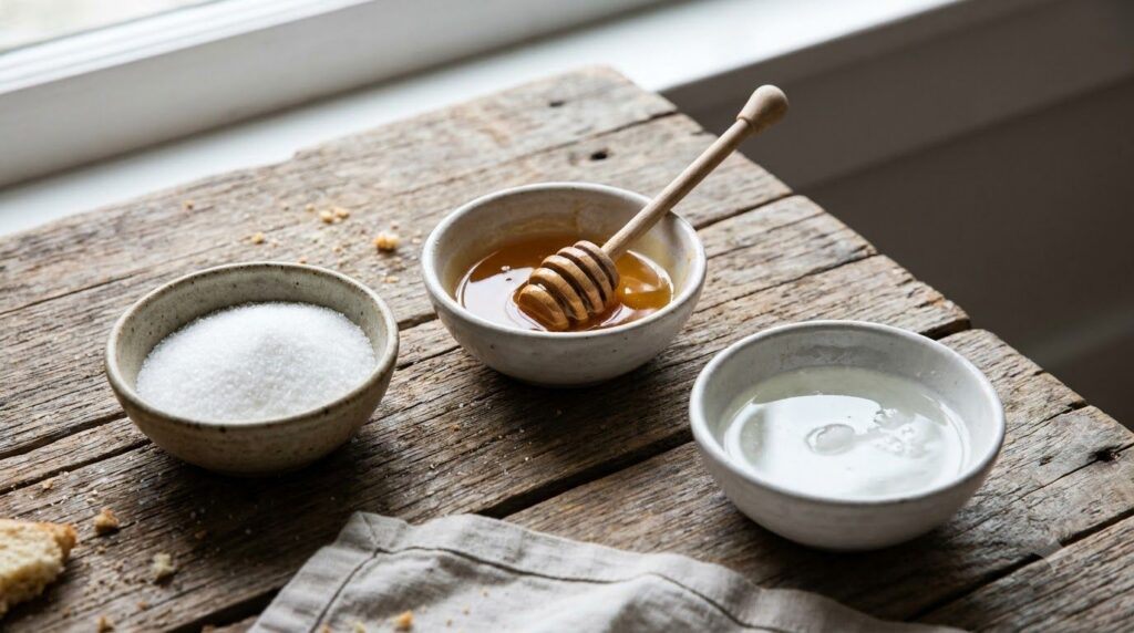 Ingredients for a DIY lip scrub small bowls of granulated sugar honey and melted coconut oil