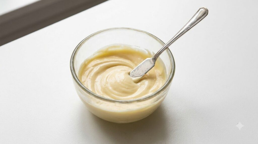 A small glass bowl with a white creamy mixture being stirred with a mini spatula representing the Vaseline and lemon ble