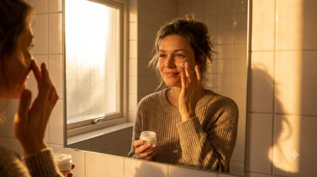 A woman gently applying a thin layer of cream to her face in the evening symbolizing the application of the Vaseline and