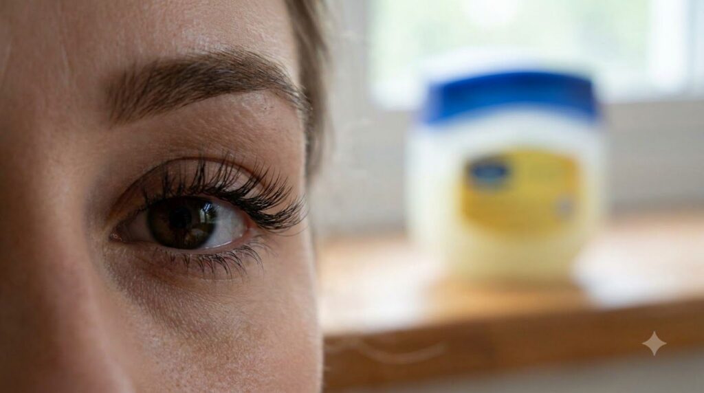 A close-up of a woman s eye with long dark eyelashes and well-defined eyebrows showing the effect of conditioning A smal