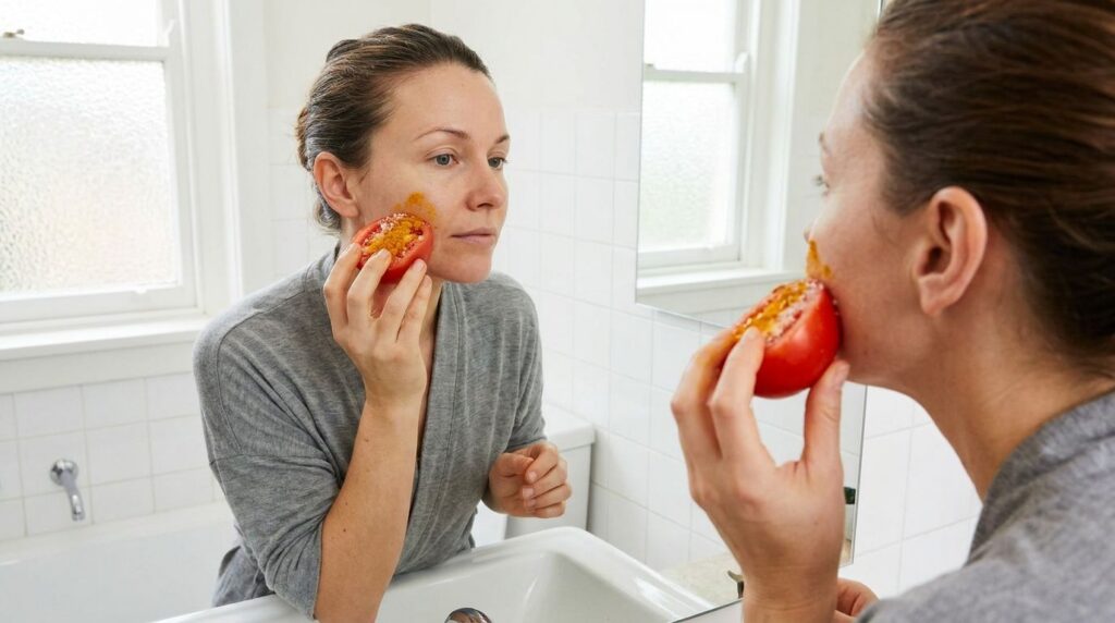 A woman gently rubbing a tomato half with turmeric and salt on her clean face in a bathroom setting