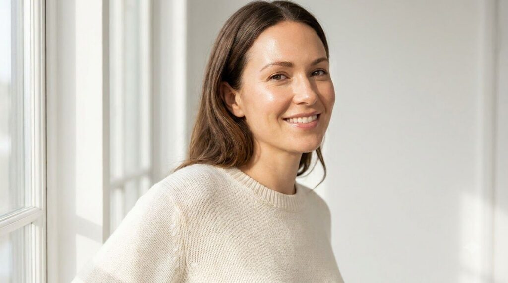 A woman with glowing refreshed skin after using a natural face rub smiling confidently