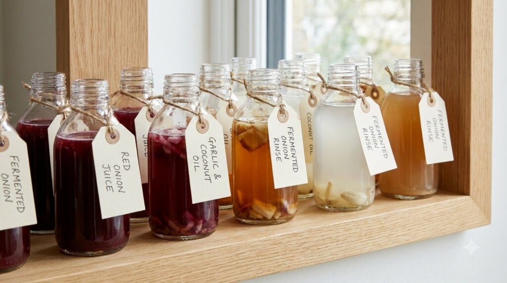A collection of small glass bottles or jars containing homemade hair remedies clearly labeled on a clean shelf or counte