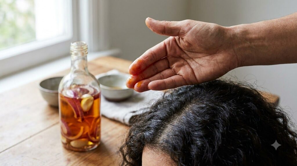 A hand applying the homemade red onion and garlic hair oil onto a scalp showing the method of application