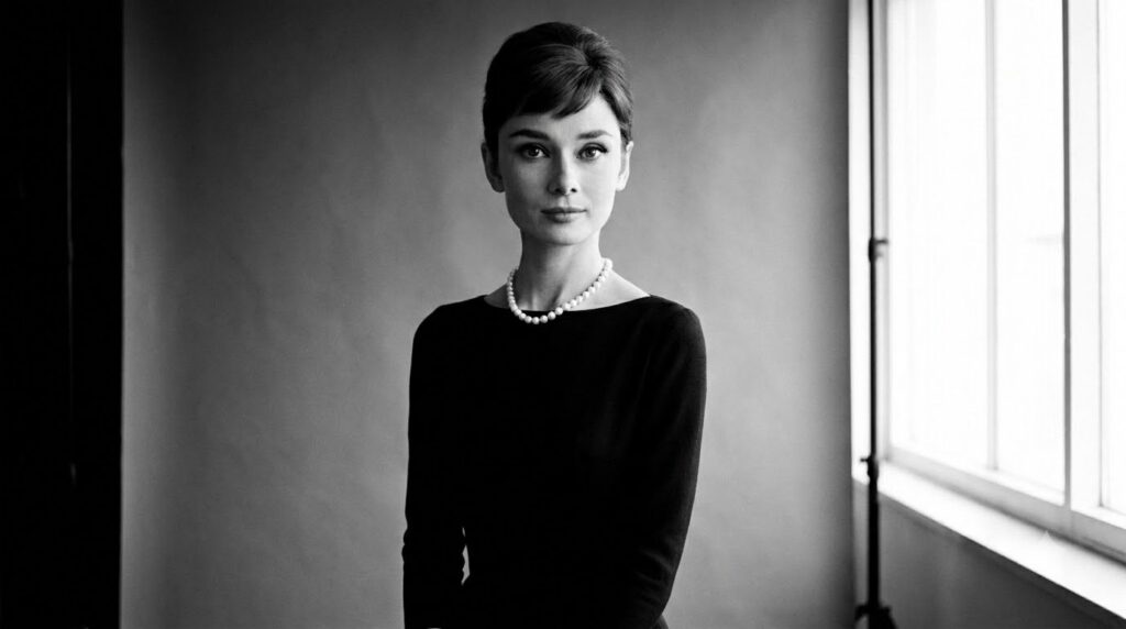 Audrey Hepburn in her iconic little black dress from Breakfast at Tiffany s holding a cigarette holder