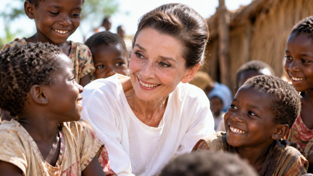 Audrey Hepburn in her later years engaged in humanitarian work with UNICEF perhaps with children in a developing country