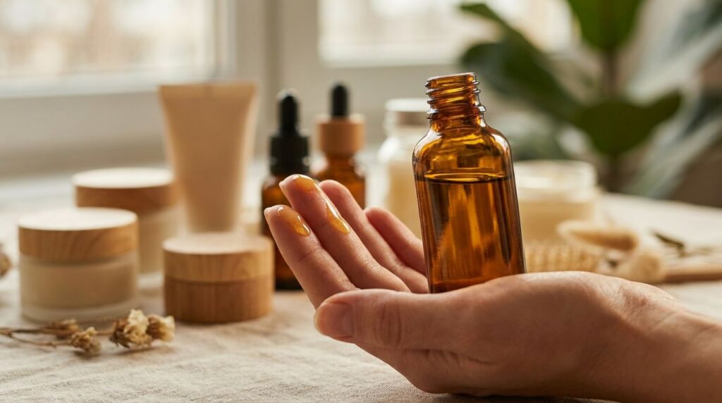 A small dark glass dropper bottle filled with a golden oil with a few drops dispensed onto fingertips against a soft blu