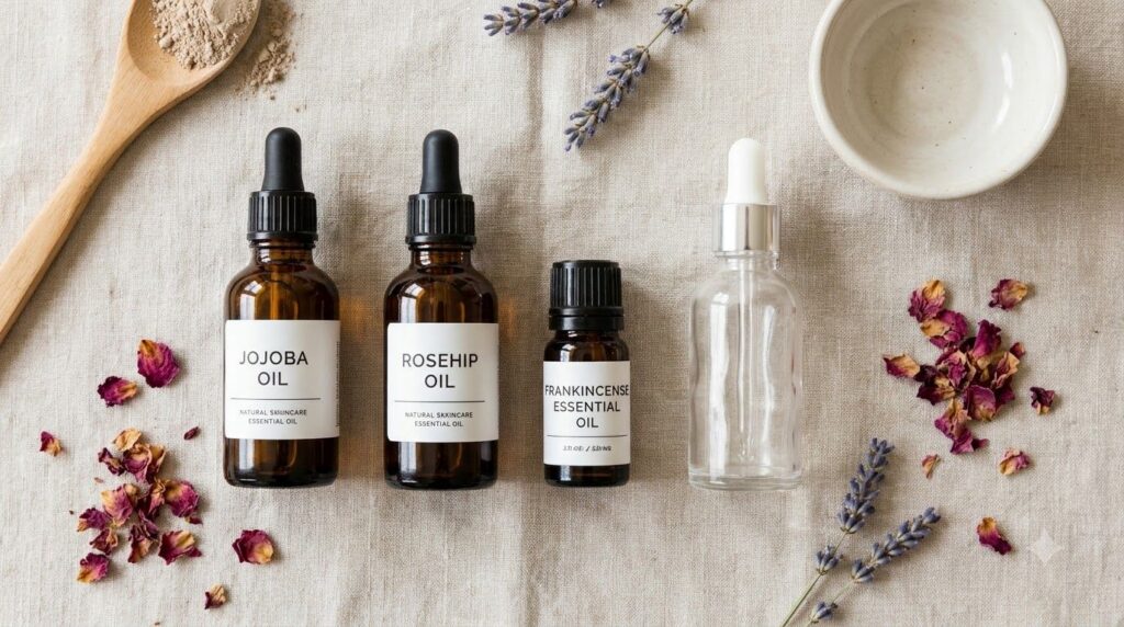 Ingredients for the collagen drops recipe laid out on a clean surface a small bottle of jojoba oil a bottle of rosehip o