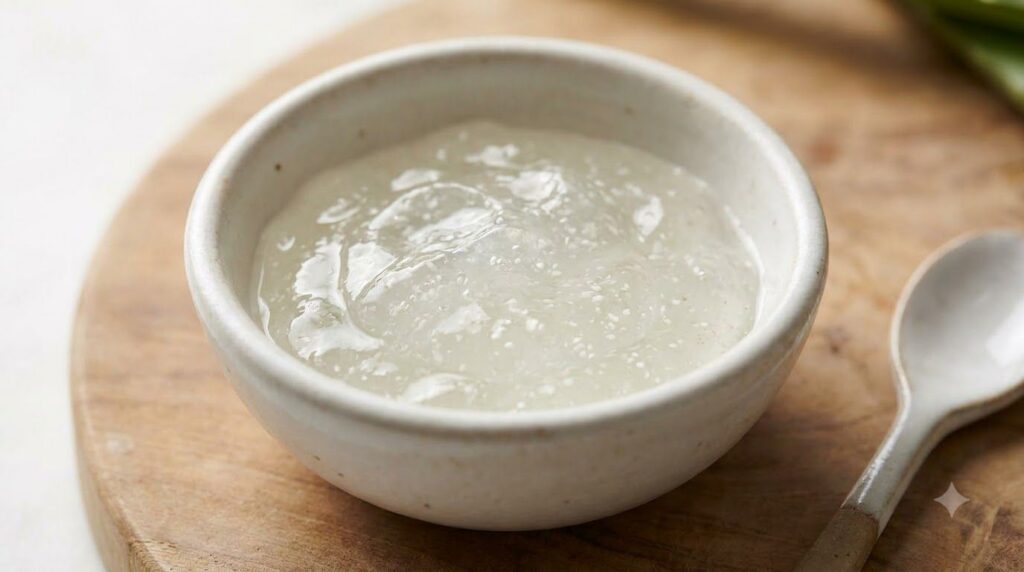 A small bowl containing freshly mixed aloe vera and rice flour gel smooth and translucent