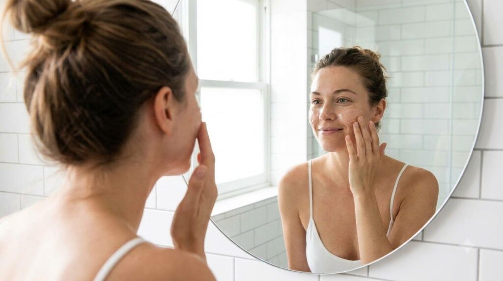 A woman gently applying a clear gel to her face smiling softly