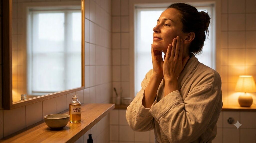 A woman gently massaging a few drops of face oil into her clean skin during her evening routine showing a serene express