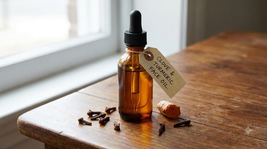 A close-up of a dark glass dropper bottle filled with golden clove and turmeric infused oil placed on a wooden surface w