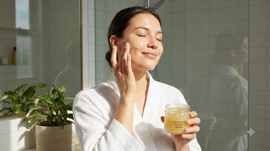 A woman applying a lemon honey mask to her cheek avoiding the eye area
