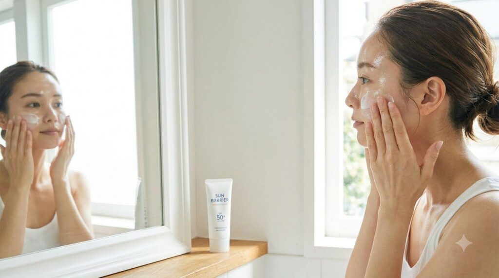 A woman applying sunscreen after a skincare routine emphasizing sun protection