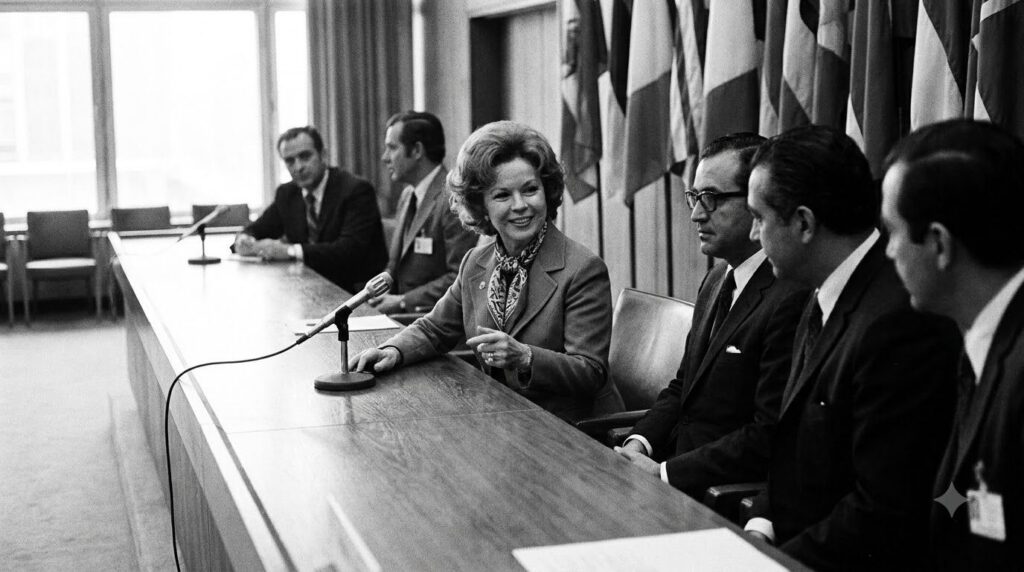 A real archival photo of Shirley Temple Black in a diplomatic setting perhaps shaking hands or at a podium