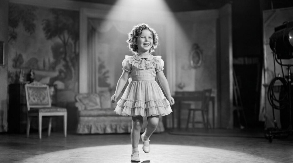 A black and white still of a young Shirley Temple smiling and dancing in a classic film from the 1930s