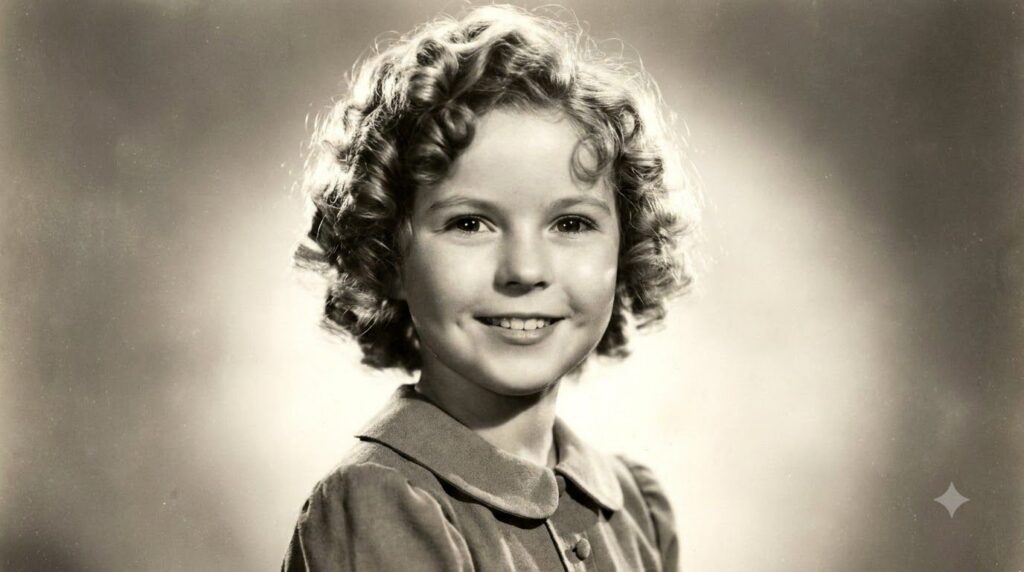 A real publicity photo of young Shirley Temple with her signature ringlet curls smiling sweetly