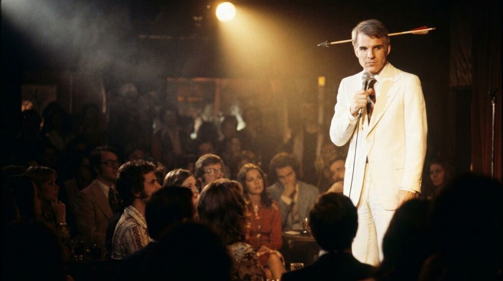 A young Steve Martin performing stand-up comedy with his signature arrow through the head gag