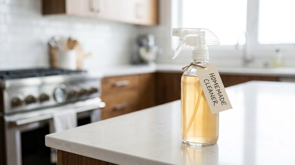 A spray bottle filled with homemade cleaning solution on a kitchen counter with a sparkling clean background