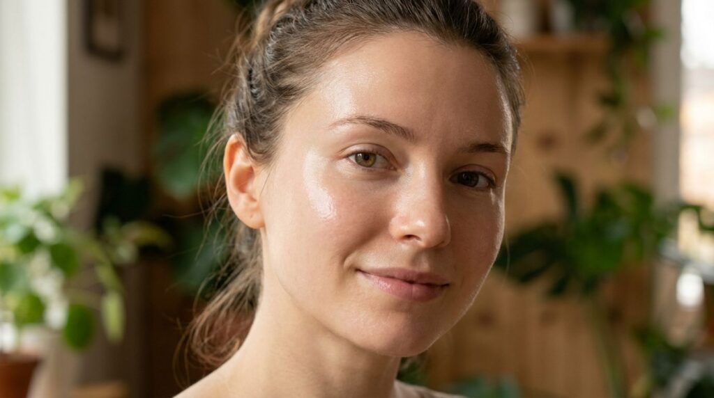 A person with glowing radiant healthy skin smiling softly