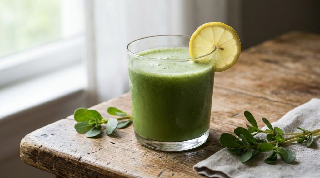 A glass of vibrant green purslane tonic with a lemon slice garnish sitting on a natural wood surface suggesting a health