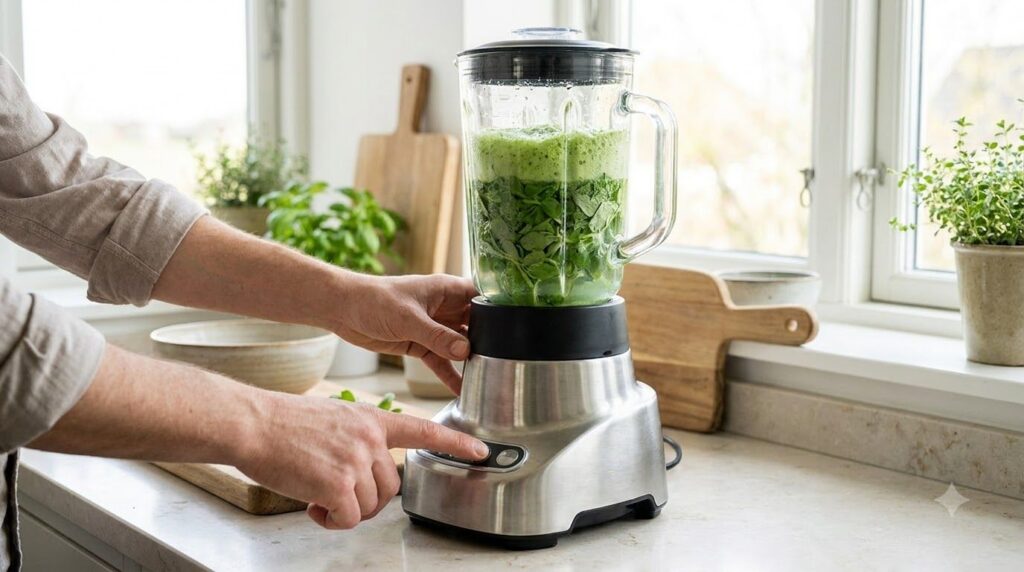 A person preparing a purslane tonic showing hands blending purslane and water in a blender with fresh purslane on the co