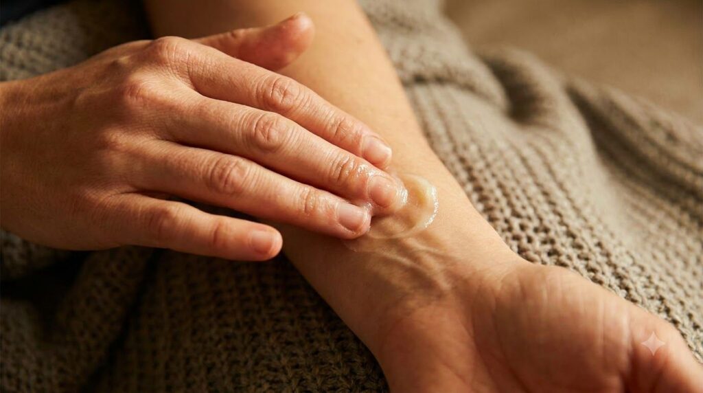 Hands gently massaging a Vaseline-based mixture onto the skin demonstrating a skincare hack