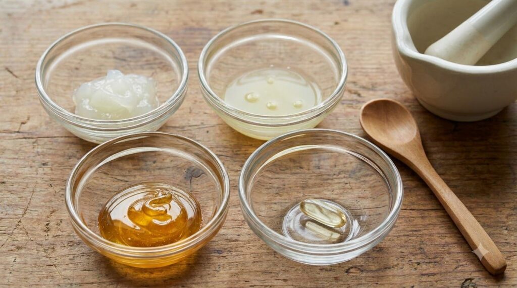 Close-up of small bowls with Vaseline and other natural ingredients like lemon honey and vitamin E capsules ready for mi