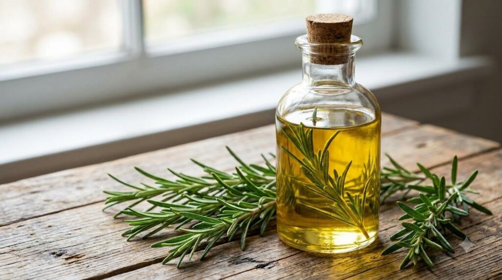 A clear glass bottle filled with golden rosemary oil with fresh rosemary sprigs and dried rosemary on a wooden surface s