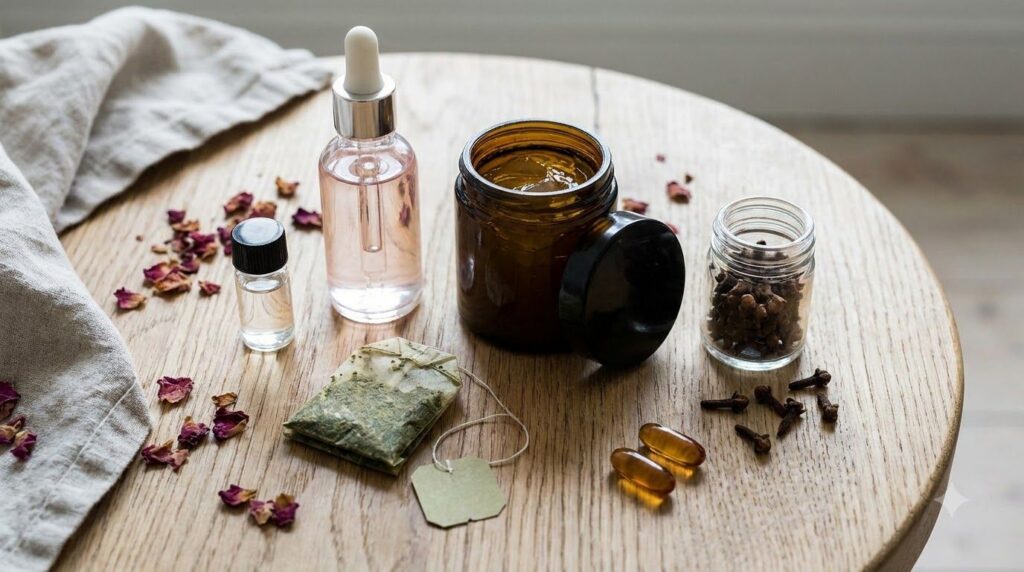 Ingredients laid out for a DIY clove anti-aging serum including whole cloves rose water green tea bag aloe vera gel vege