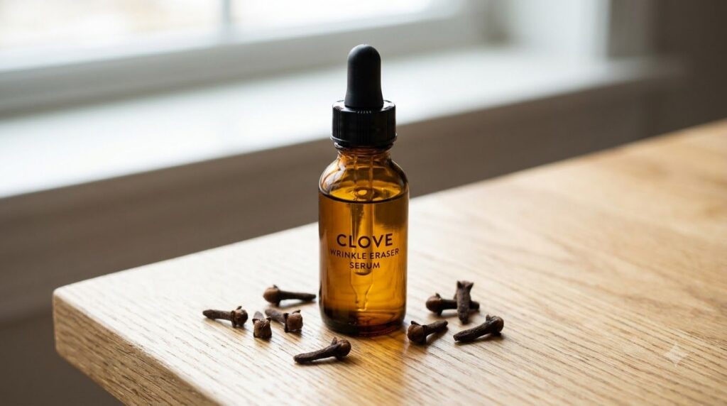 A small amber glass dropper bottle filled with a golden-hued Clove Wrinkle Eraser Serum placed on a clean minimalist bac