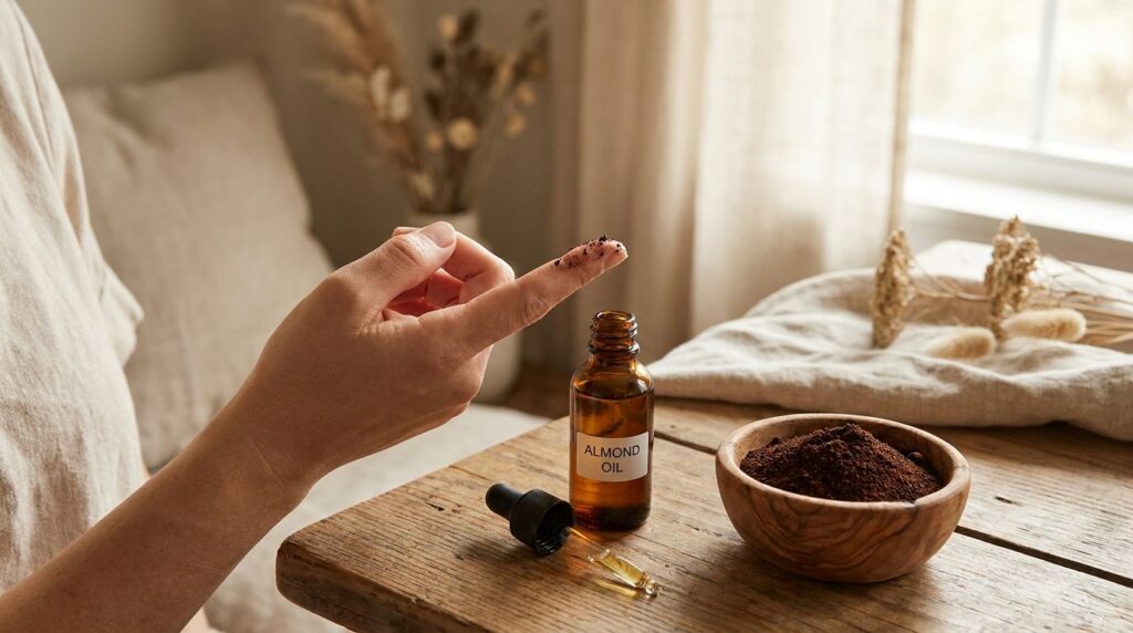 A small dark glass dropper bottle of almond oil next to a small bowl of coffee grounds with a finger gently applying a s