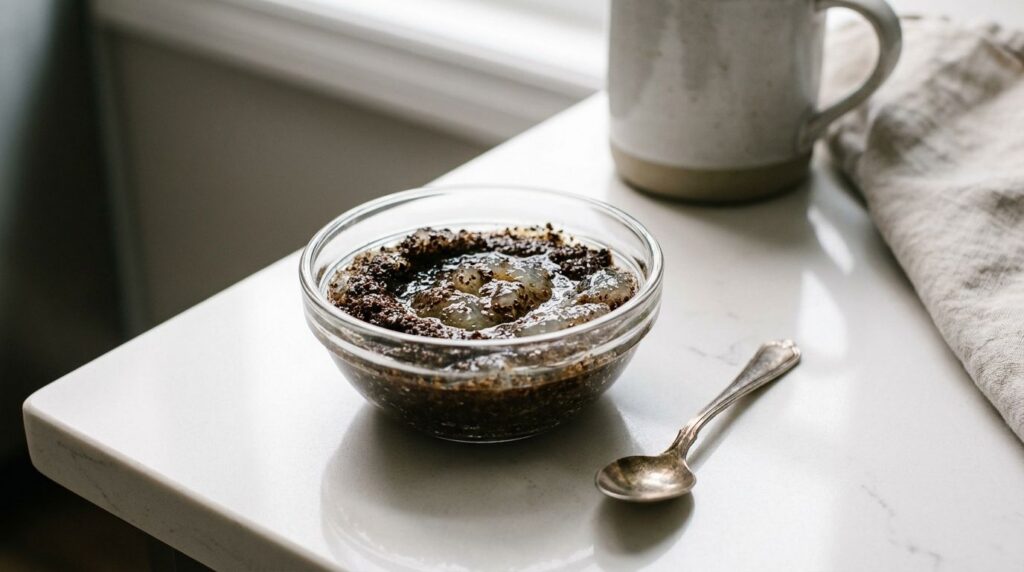 A small glass bowl containing a mixture of finely ground coffee and translucent aloe vera gel with a small spoon for mix
