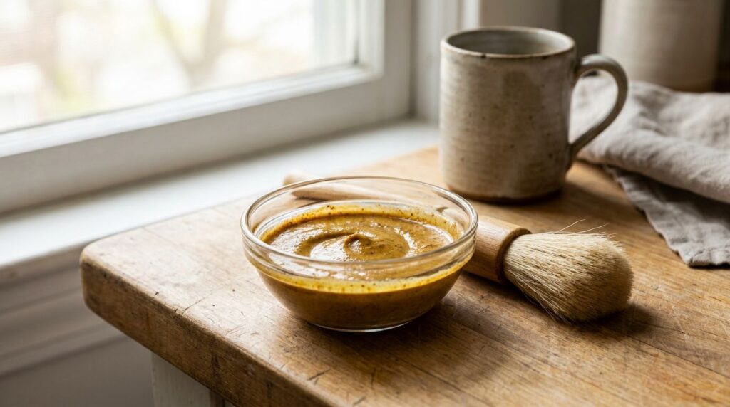 A close-up of a small glass bowl containing a smooth golden-brown paste made of coffee honey and turmeric with a soft br