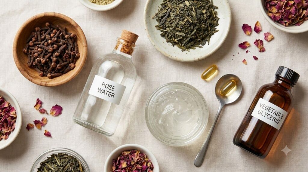 Close-up shot of the ingredients for the Clove Wrinkle Eraser Serum laid out on a clean surface whole cloves a bottle of