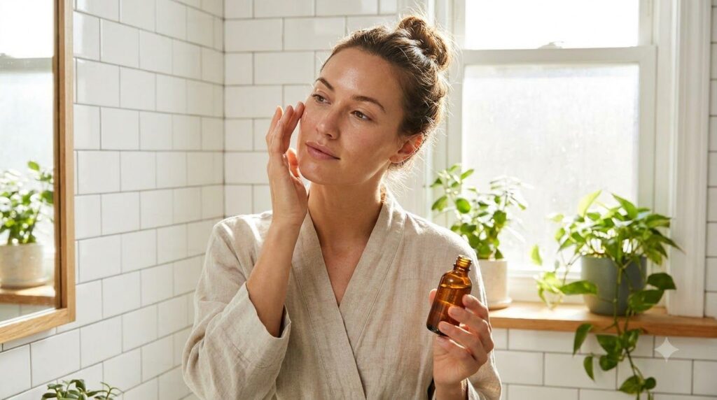 A woman gently applying a homemade serum to her face with a dropper her skin looking fresh and glowing in a bright bathr