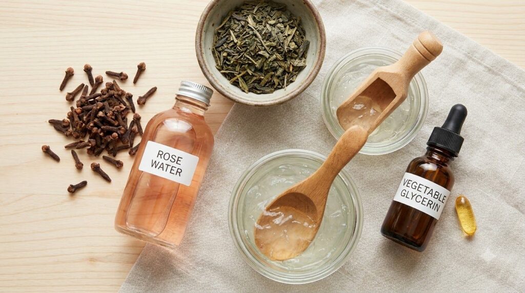 A collection of ingredients for the clove serum laid out on a clean surface whole cloves rose water green tea leaves alo