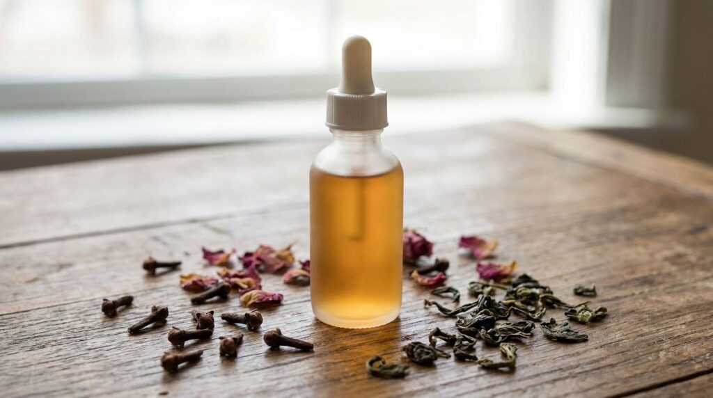 A small glass dropper bottle filled with a light amber serum surrounded by whole cloves rose petals and green tea leaves