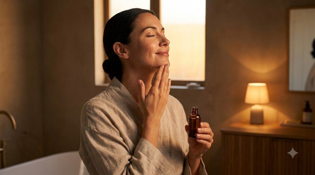 A woman gently massaging a few drops of facial oil onto her clean face and neck during her evening routine with soft war