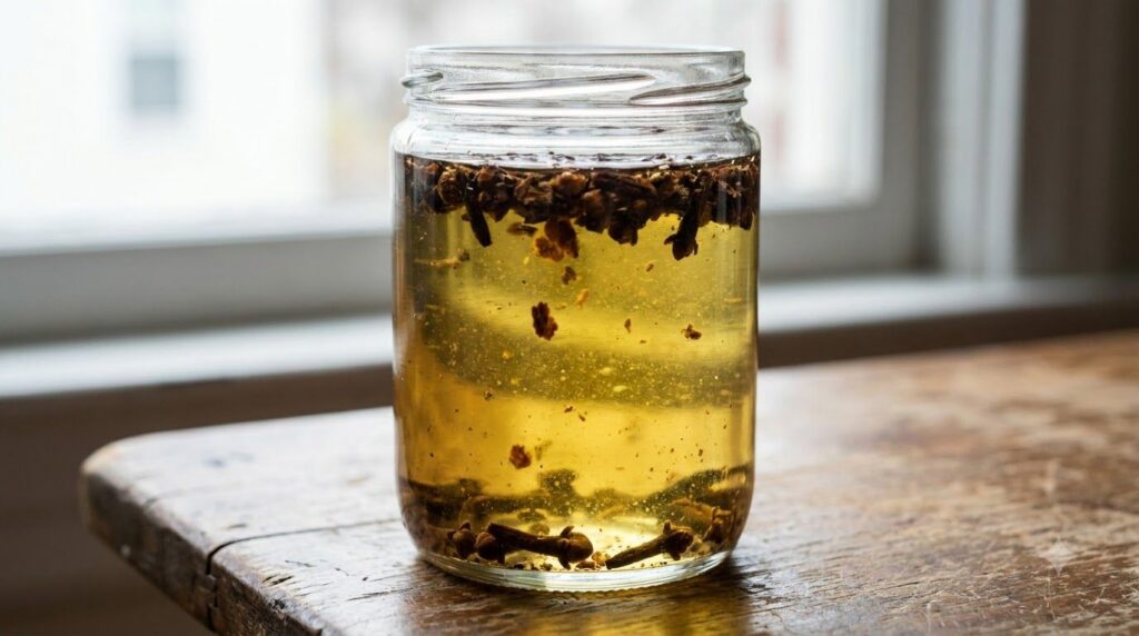 A close-up shot of a glass jar containing baby oil and crushed cloves with a fine-mesh strainer ready beside it