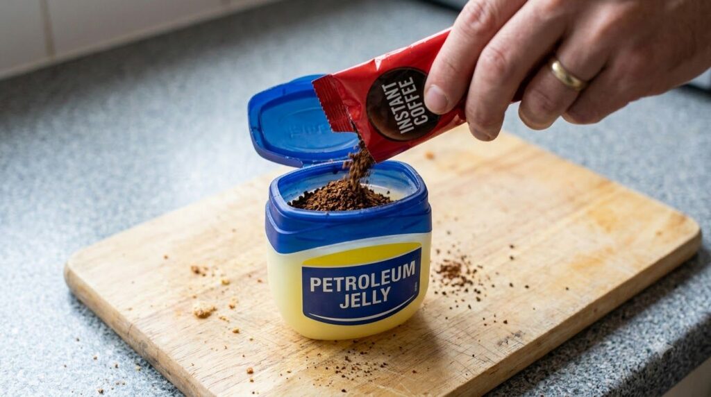 A hand pouring instant coffee granules from a red sachet into an open blue and yellow jar of petroleum jelly on a wooden