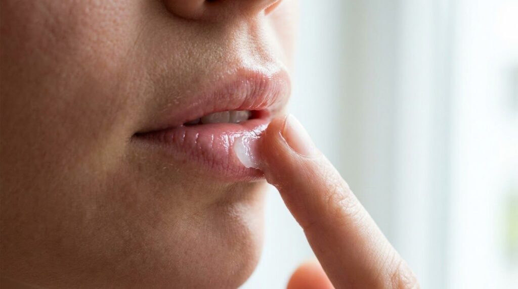 A close-up shot of a person applying Vaseline to their lips with their finger showcasing soft hydrated lips The backgrou